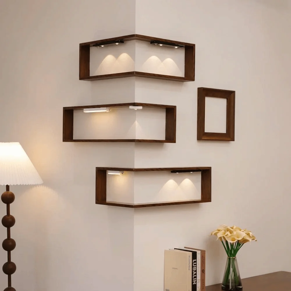Space Saving 90 Degree Corner Wall Shelf Floating Shelf Suspended Corner Bookshelf Wall Mounted Wooden Display Shelf