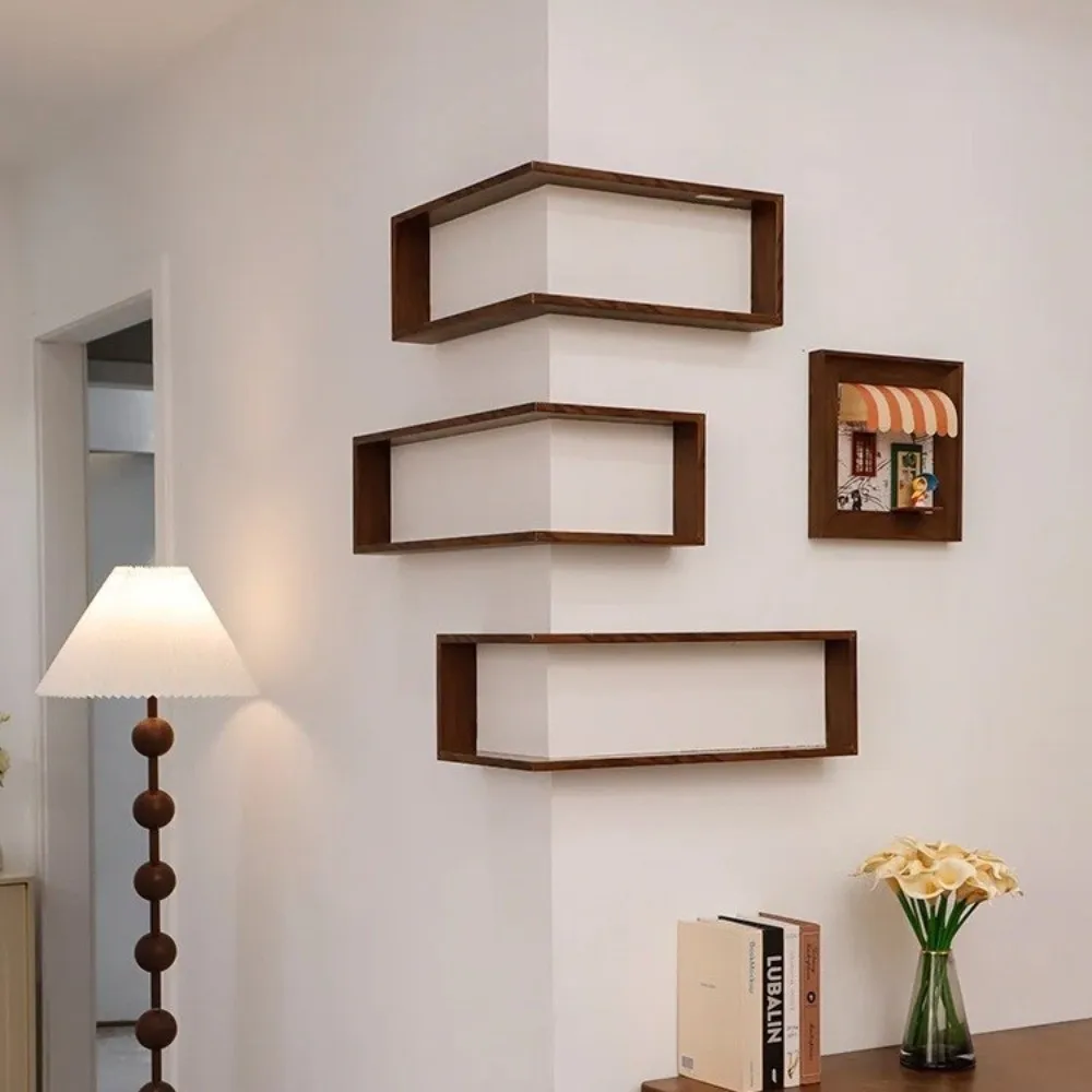 Space Saving 90 Degree Corner Wall Shelf Floating Shelf Suspended Corner Bookshelf Wall Mounted Wooden Display Shelf
