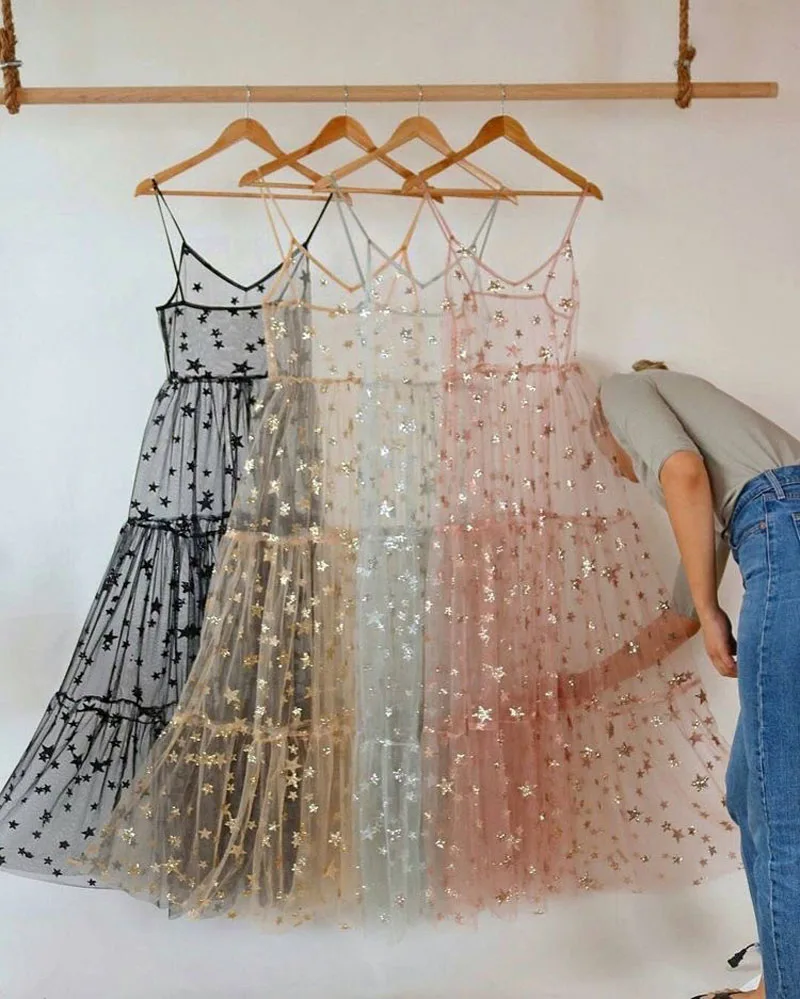 Spaghetti Straps See Through Sparkly Dress