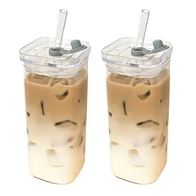 Square Heat Resistant Coffee Glass Cup With Lid and Straw Transparent Milk Tea Juice Cups Coffee Mug For Home Bar Square Heat Resistant Coffee Glass Cup With Lid and Straw Transparent Milk Tea Juice Cups Coffee Mug For Home Bar
