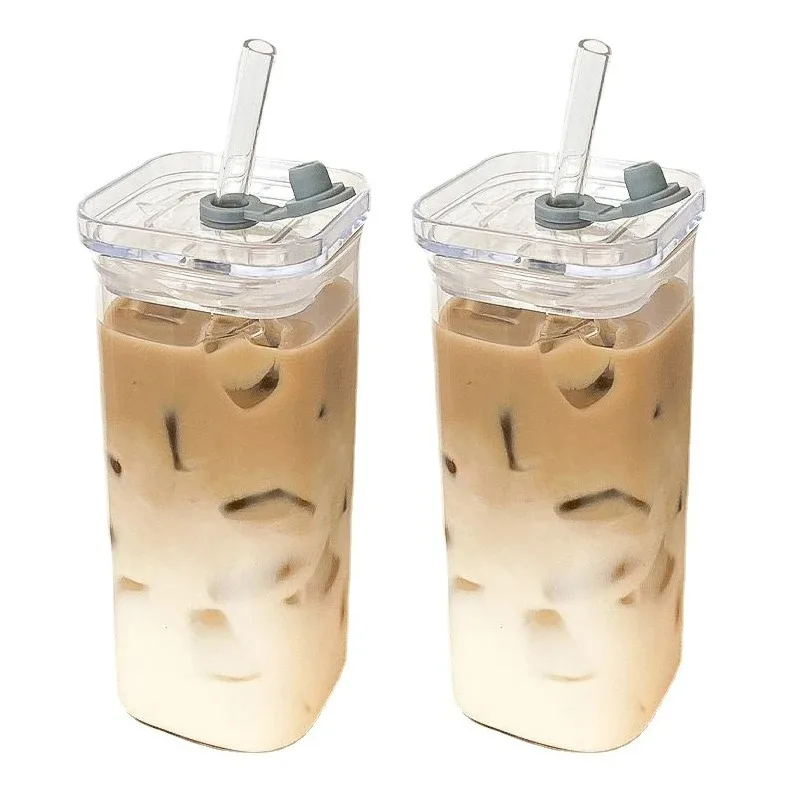 Square Heat Resistant Coffee Glass Cup With Lid and Straw Transparent Milk Tea Juice Cups Coffee Mug For Home Bar Square Heat Resistant Coffee Glass Cup With Lid and Straw Transparent Milk Tea Juice Cups Coffee Mug For Home Bar