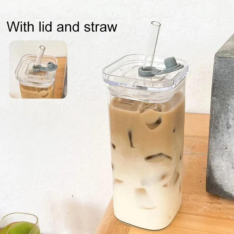 Square Heat Resistant Coffee Glass Cup With Lid and Straw Transparent Milk Tea Juice Cups Coffee Mug For Home Bar Square Heat Resistant Coffee Glass Cup With Lid and Straw Transparent Milk Tea Juice Cups Coffee Mug For Home Bar