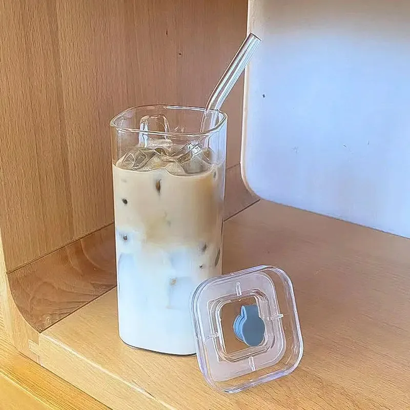 Square Heat Resistant Coffee Glass Cup With Lid and Straw Transparent Milk Tea Juice Cups Coffee Mug For Home Bar Square Heat Resistant Coffee Glass Cup With Lid and Straw Transparent Milk Tea Juice Cups Coffee Mug For Home Bar