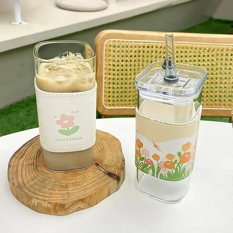 Square Heat Resistant Coffee Glass Cup With Lid and Straw Transparent Milk Tea Juice Cups Coffee Mug For Home Bar Square Heat Resistant Coffee Glass Cup With Lid and Straw Transparent Milk Tea Juice Cups Coffee Mug For Home Bar