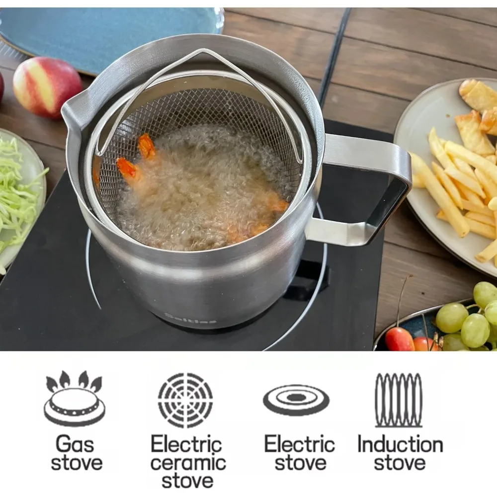 Stainless Steel 2L Deep Fryer Pot with Basket and Oil Strainer, 304 Stainless Steel Deep Frying Pot for French Fries Stainless Steel 2L Deep Fryer Pot with Basket and Oil Strainer, 304 Stainless Steel Deep Frying Pot for French Fries