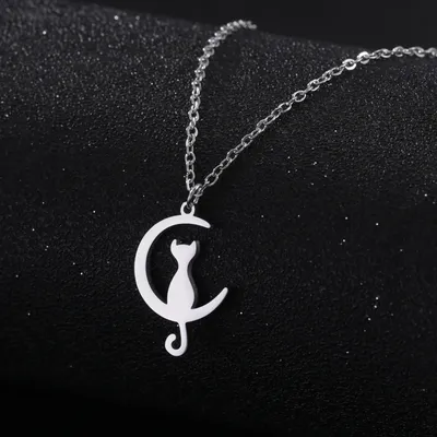 Stainless Steel Cat and Moon Necklace