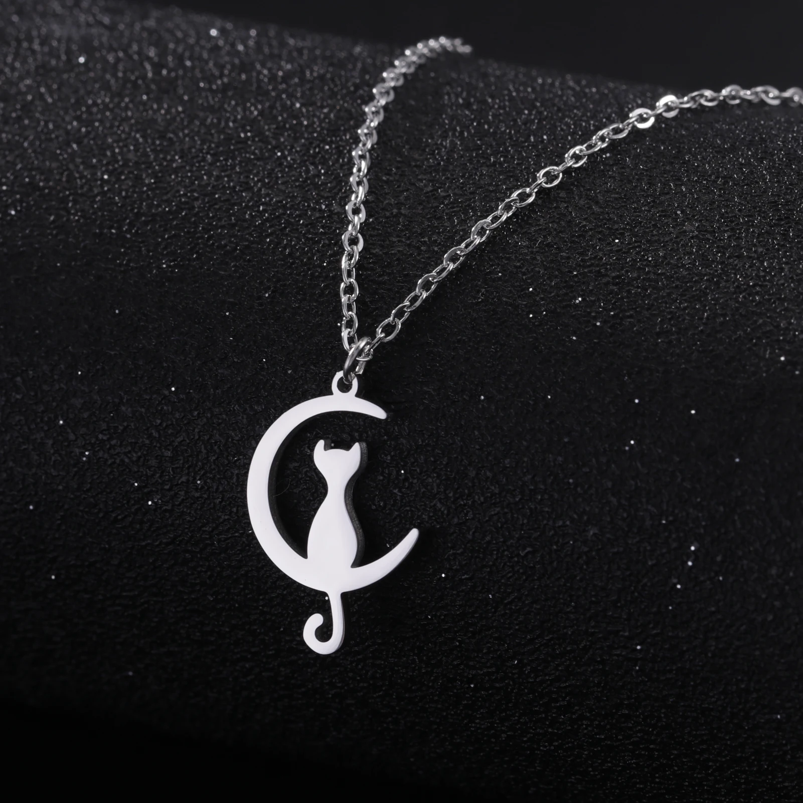 Stainless Steel Cat and Moon Necklace Stainless Steel Cat and Moon Necklace