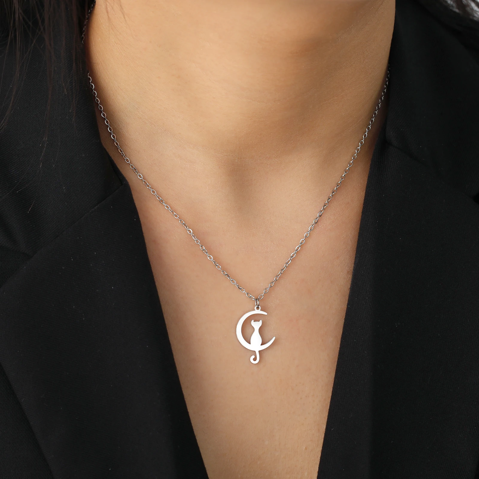 Stainless Steel Cat and Moon Necklace