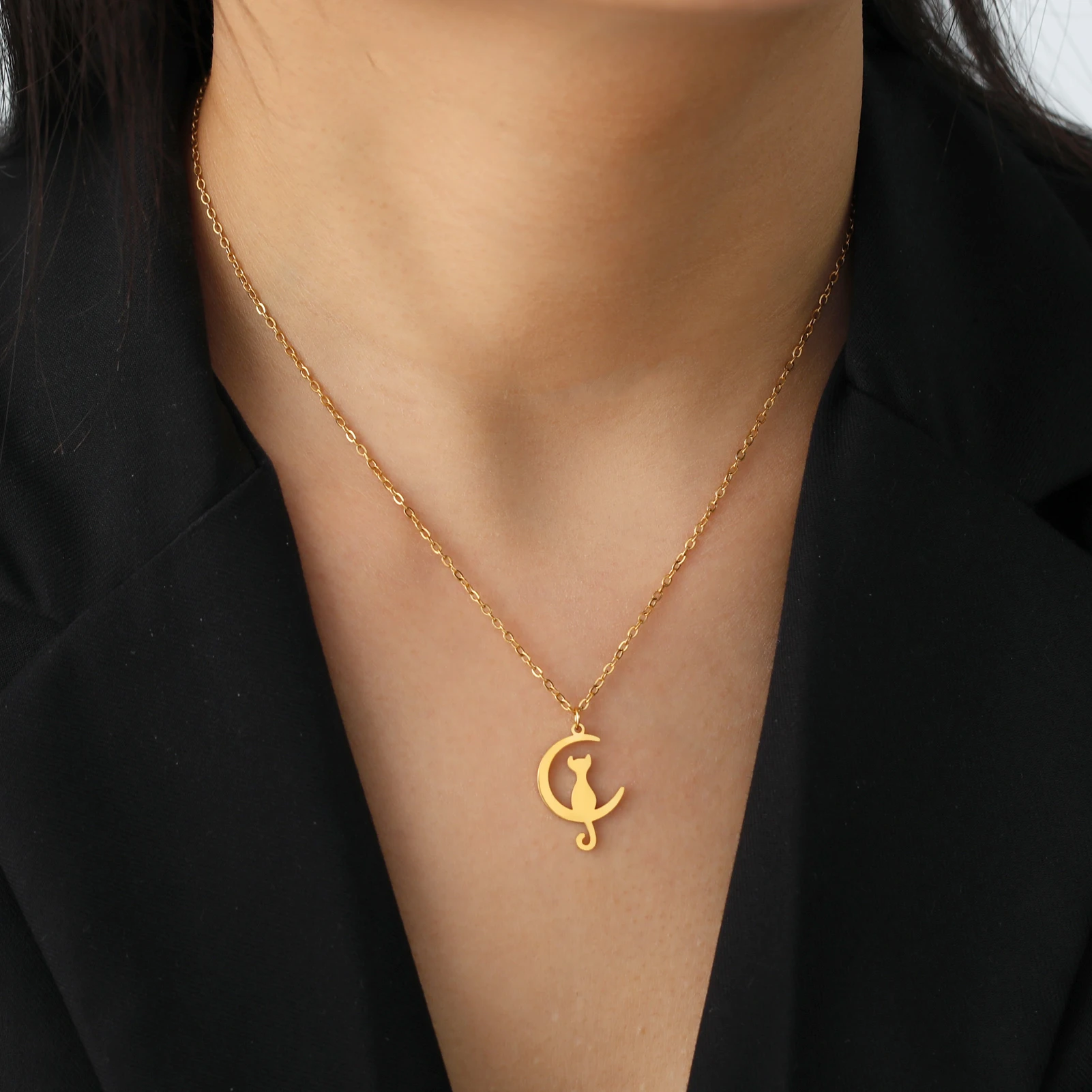 Stainless Steel Cat and Moon Necklace
