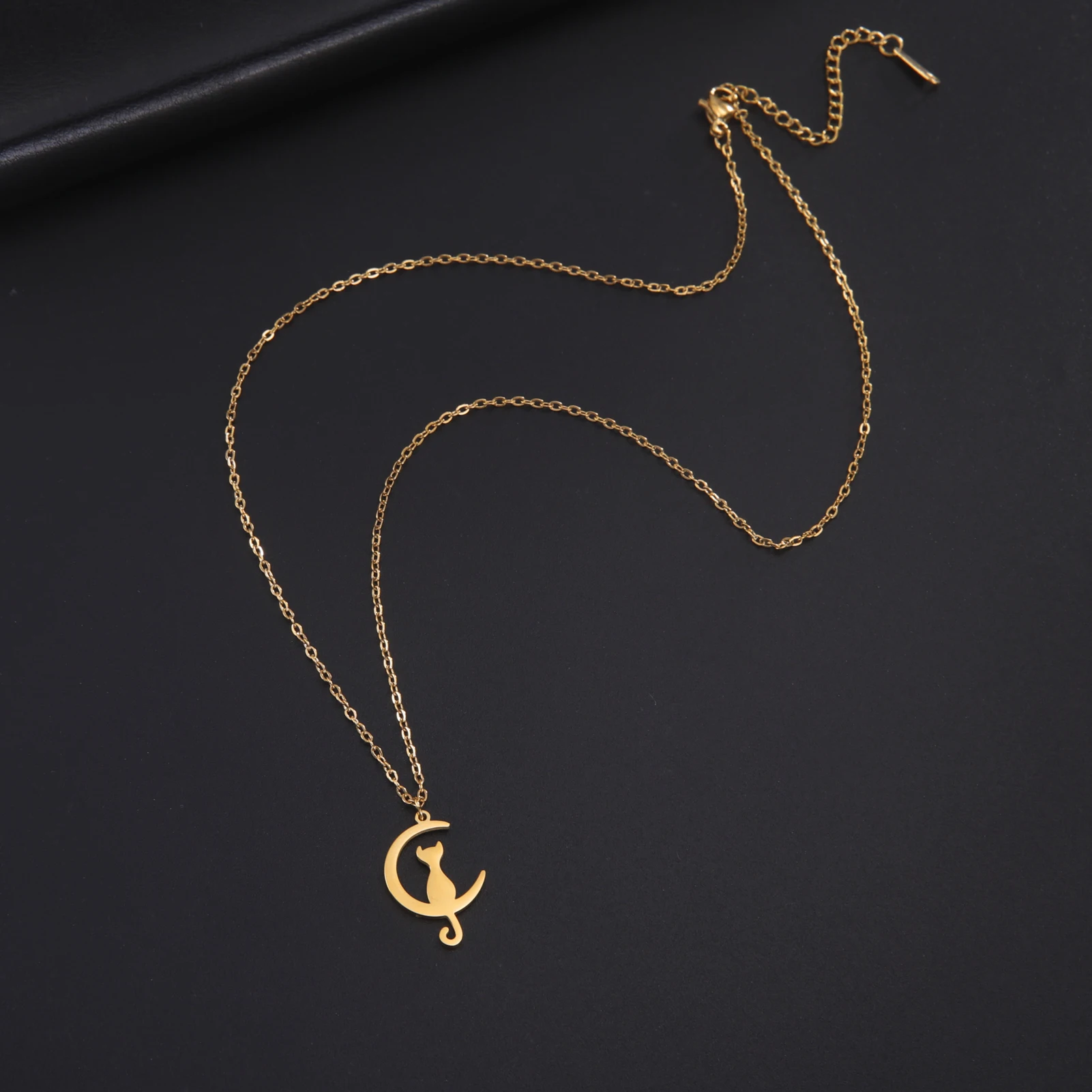 Stainless Steel Cat and Moon Necklace