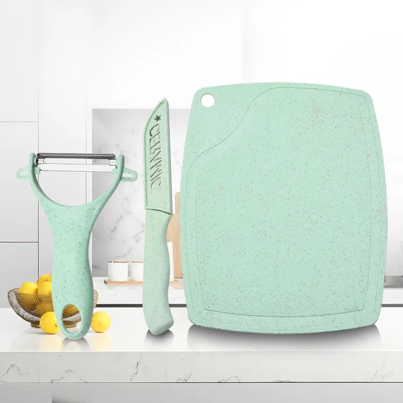 Stainless Steel Cutter Set Three Piece Set Wheat Straw Chopping Board Fruit Knife Peeler Combined Kitchen Tools