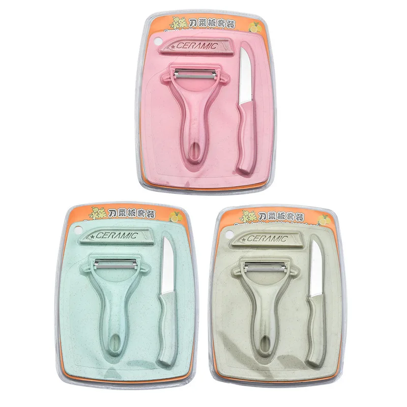 Stainless Steel Cutter Set Three Piece Set Wheat Straw Chopping Board Fruit Knife Peeler Combined Kitchen Tools