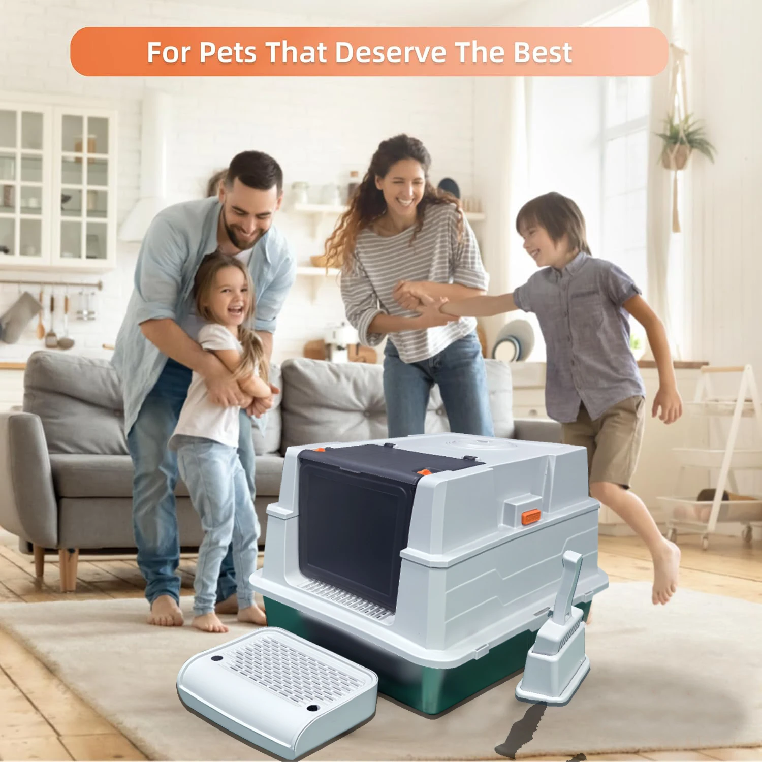 Stainless Steel Litter Box with Lid, Extra-Large Enclosed Kitty Litter Pan, Equipped with Steps and a Litter Scoop
