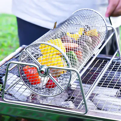 Stainless Steel Rolling BBQ Grill Mesh Basket Grill Rotisserie Basket roll Barbecue cage Roaster Stainless Steel Rolling BBQ Grill Mesh Basket Grill Rotisserie Basket roll Barbecue cage Roaster