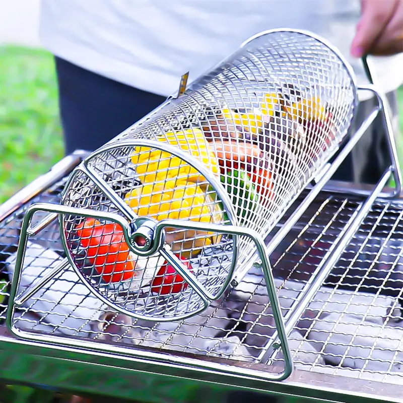 Stainless Steel Rolling BBQ Grill Mesh Basket Grill Rotisserie Basket roll Barbecue cage Roaster Stainless Steel Rolling BBQ Grill Mesh Basket Grill Rotisserie Basket roll Barbecue cage Roaster