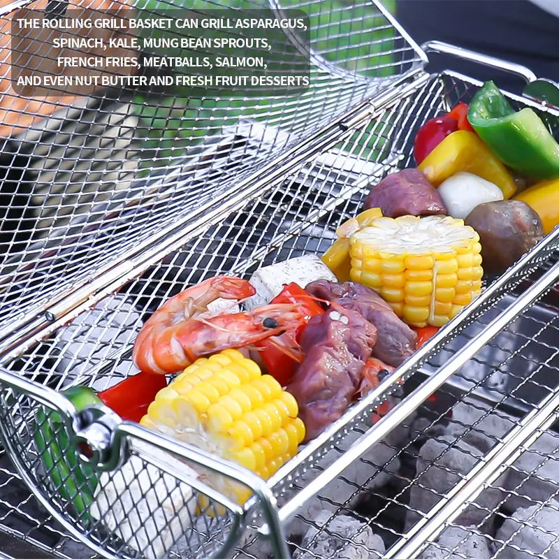 Stainless Steel Rolling BBQ Grill Mesh Basket Grill Rotisserie Basket roll Barbecue cage Roaster Stainless Steel Rolling BBQ Grill Mesh Basket Grill Rotisserie Basket roll Barbecue cage Roaster