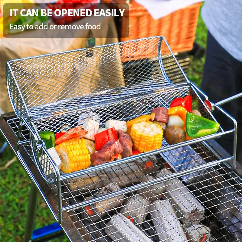 Stainless Steel Rolling BBQ Grill Mesh Basket Grill Rotisserie Basket roll Barbecue cage Roaster Stainless Steel Rolling BBQ Grill Mesh Basket Grill Rotisserie Basket roll Barbecue cage Roaster