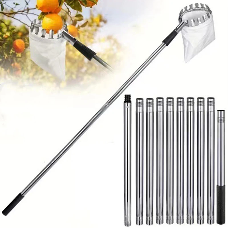 Stainless Steel Splicing Rod Fruit Picker 1.6/2.4/3.2/4M Telescopic Pole High Tree Orchard Picking Tool For Farm Garden Stainless Steel Splicing Rod Fruit Picker 1.6/2.4/3.2/4M Telescopic Pole High Tree Orchard Picking Tool For Farm Garden