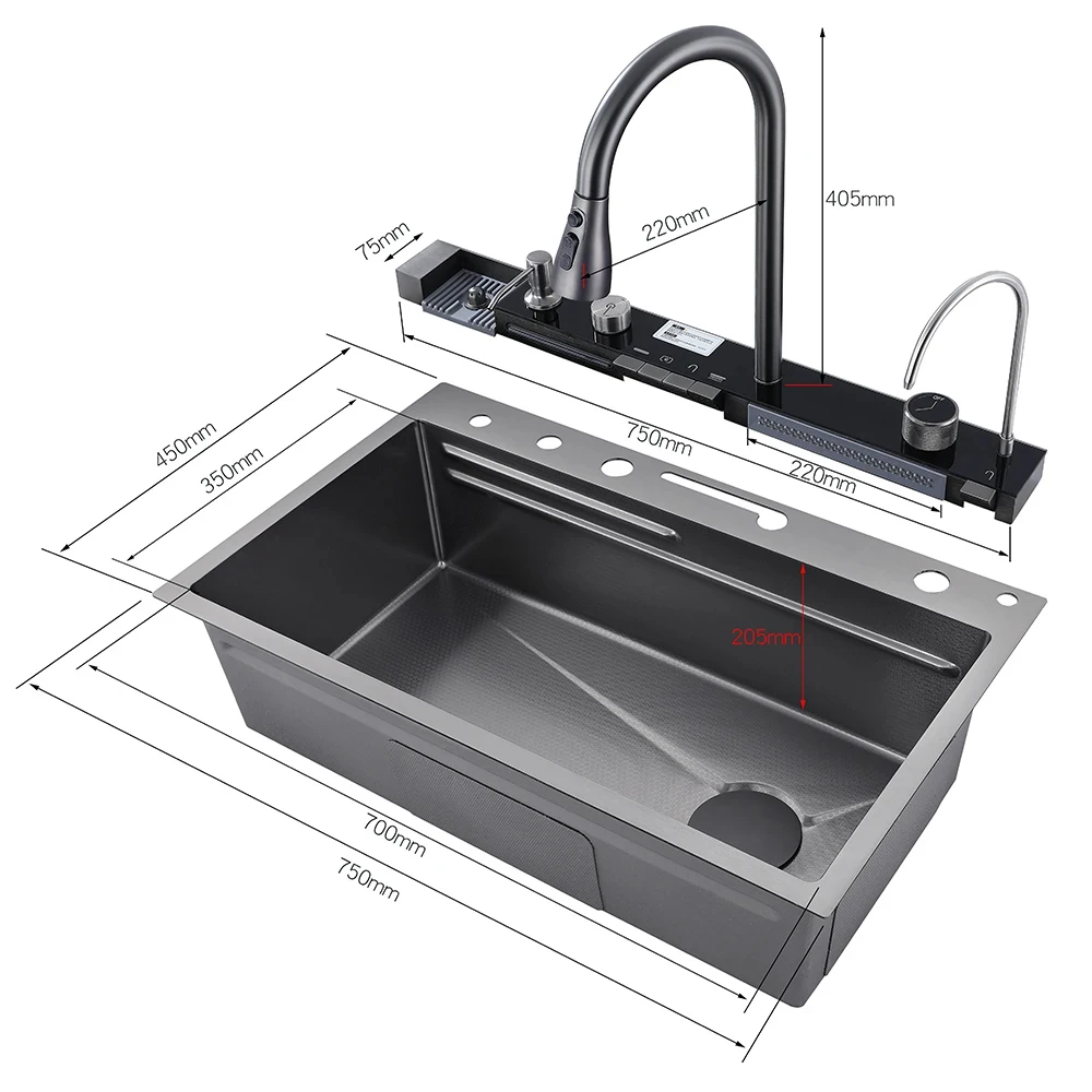 Stainless Steel Waterfall Kitchen Sink Large Single Slot Integrated Digital Display Faucet Set Soap Dispenser Cup Washer