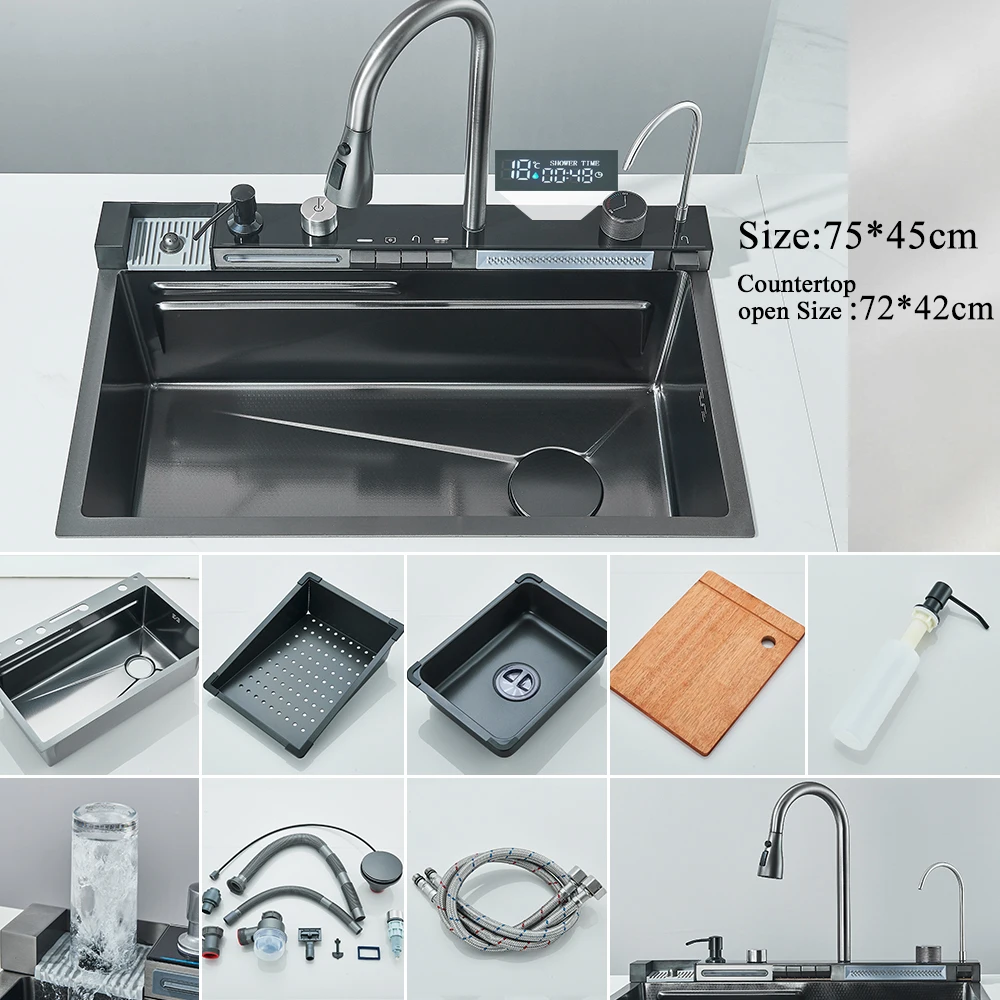 Stainless Steel Waterfall Kitchen Sink Large Single Slot Integrated Digital Display Faucet Set Soap Dispenser Cup Washer