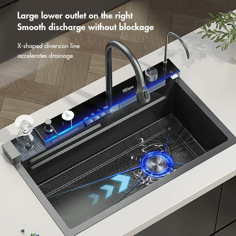Stainless Steel Waterfall Kitchen Sink Large Single Slot Integrated Digital Display Faucet Set Soap Dispenser Cup Washer