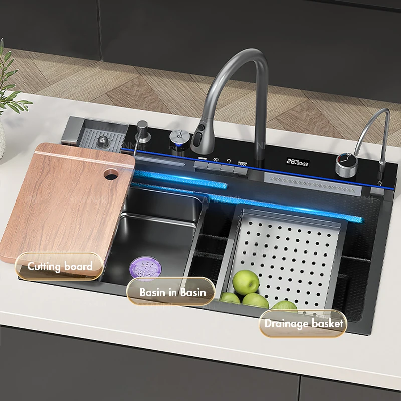 Stainless Steel Waterfall Kitchen Sink Large Single Slot Integrated Digital Display Faucet Set Soap Dispenser Cup Washer