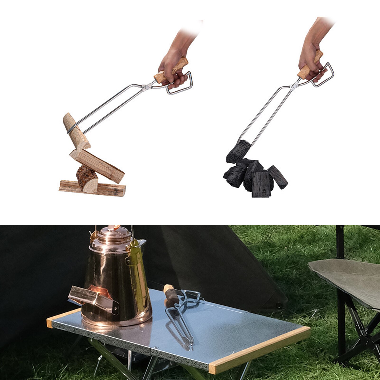 Stainless Wooden Handle Fire Pit Tongs