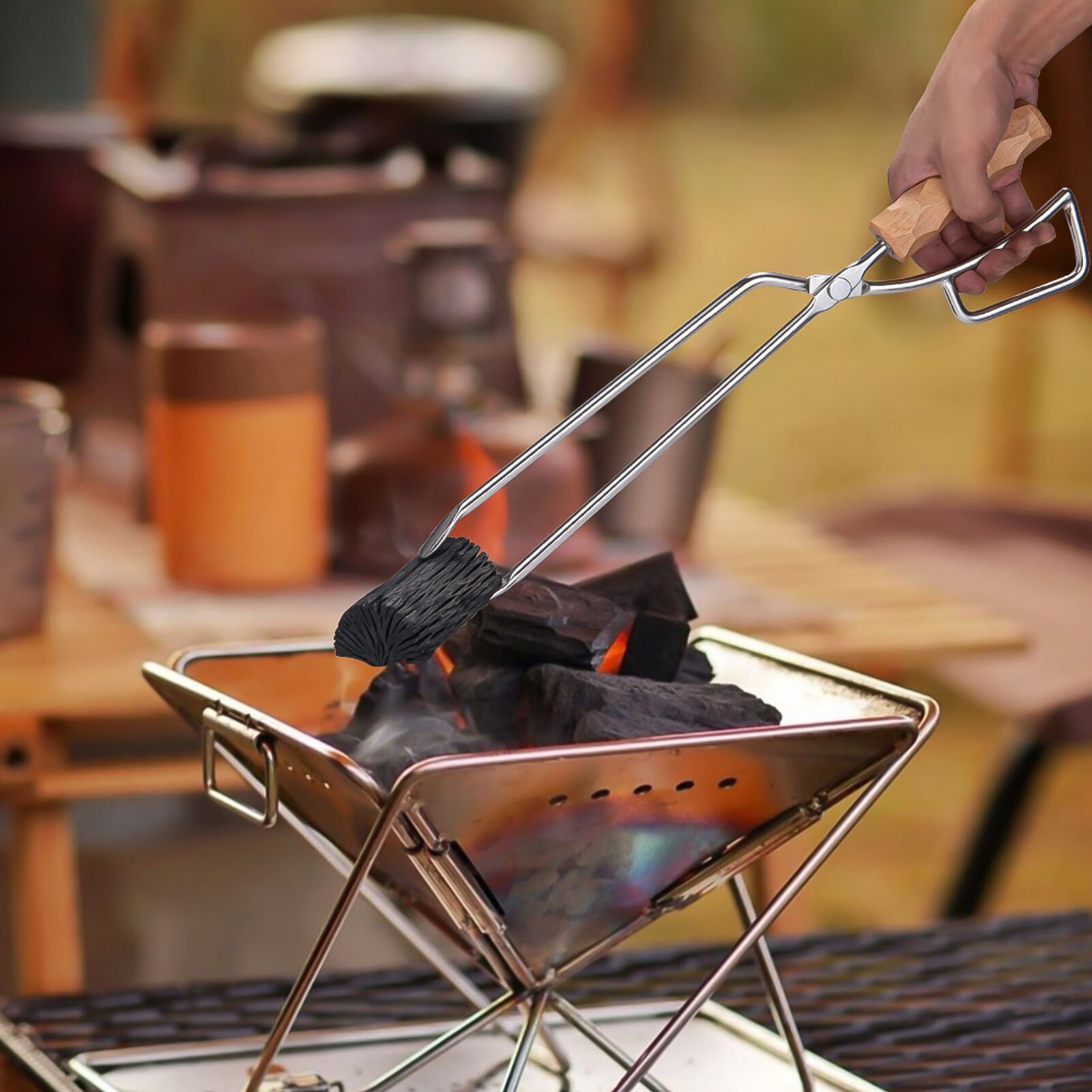 Stainless Wooden Handle Fire Pit Tongs