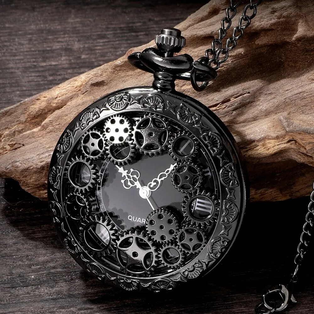 Steampunk Copper Vintage Hollow Gear Hollow Quartz Pocket Watch Necklace Pendant Clock Chain