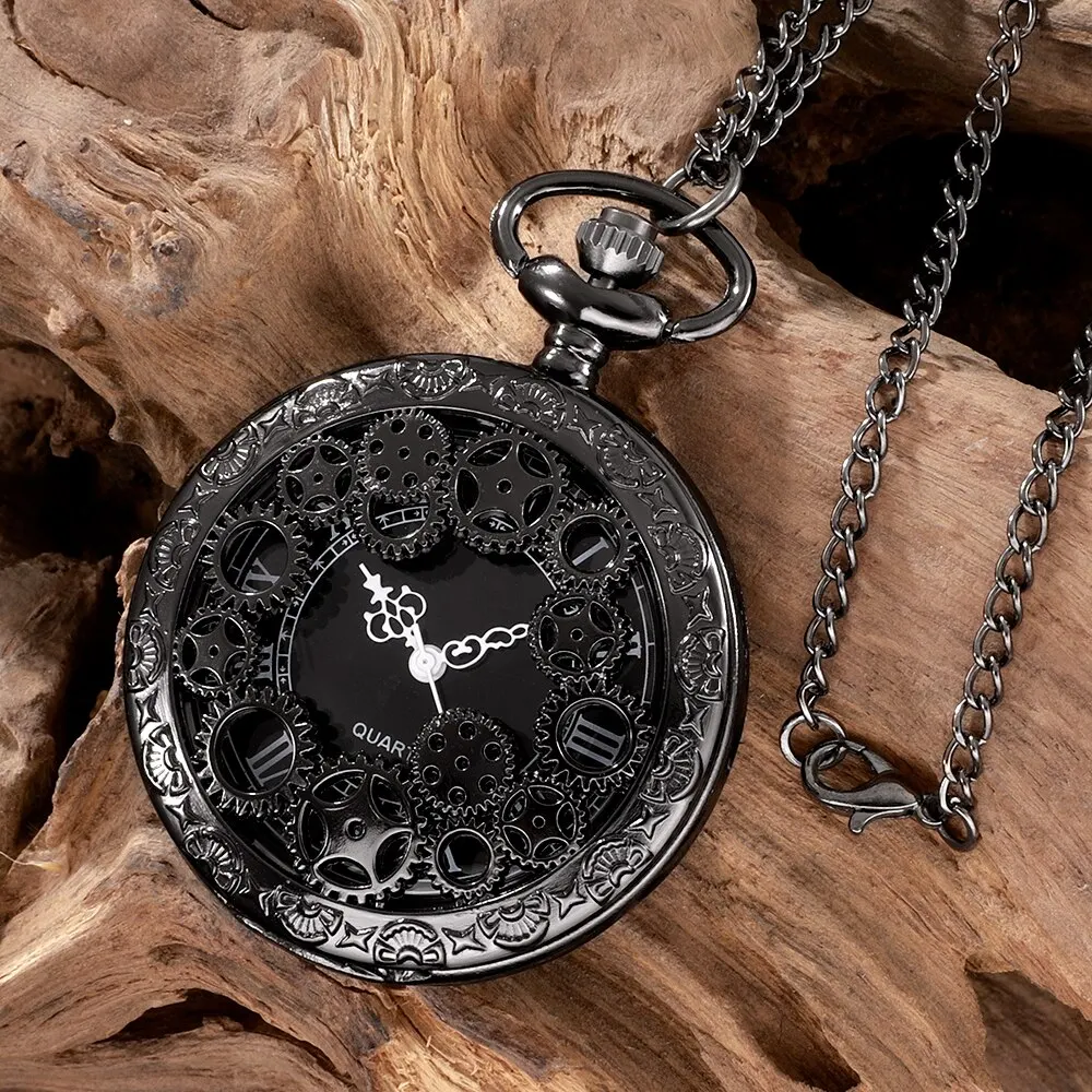 Steampunk Copper Vintage Hollow Gear Hollow Quartz Pocket Watch Necklace Pendant Clock Chain