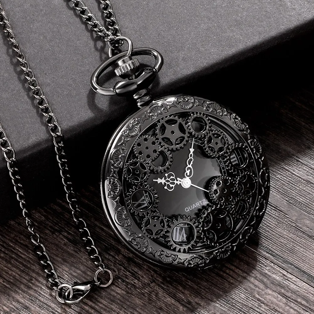 Steampunk Copper Vintage Hollow Gear Hollow Quartz Pocket Watch Necklace Pendant Clock Chain