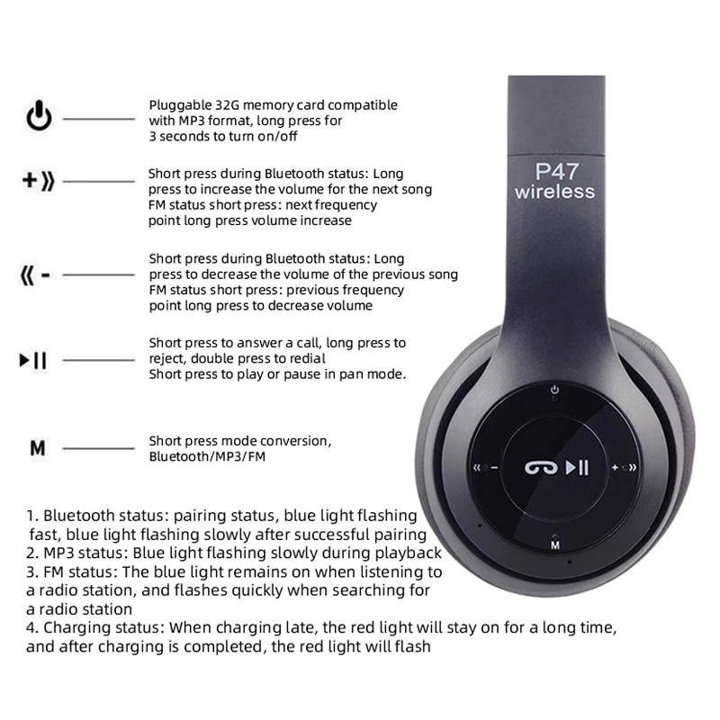 Stereo P47 Headset 5.0 Bluetooth Headset Folding Series Wireless Sports Game Headset Stereo P47 Headset 5.0 Bluetooth Headset Folding Series Wireless Sports Game Headset