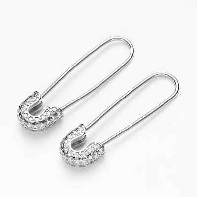Sterling Silver Safety Pin Earrings with Zircon Stones