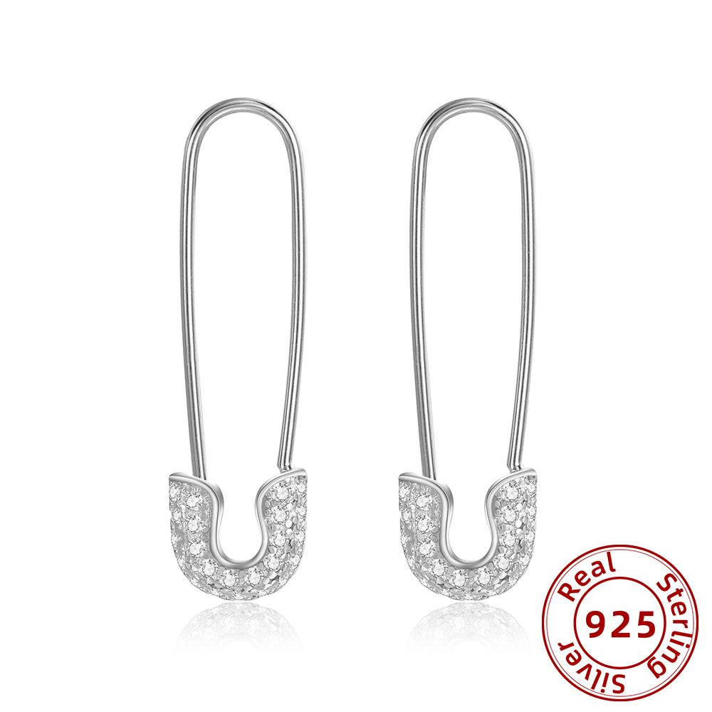 Sterling Silver Safety Pin Earrings with Zircon Stones