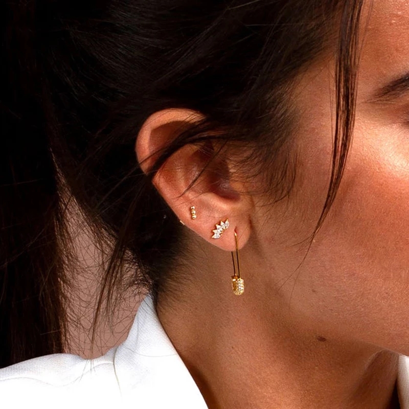 Sterling Silver Safety Pin Earrings with Zircon Stones