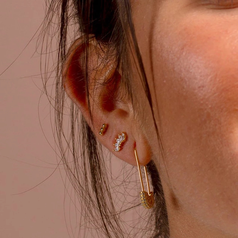 Sterling Silver Safety Pin Earrings with Zircon Stones