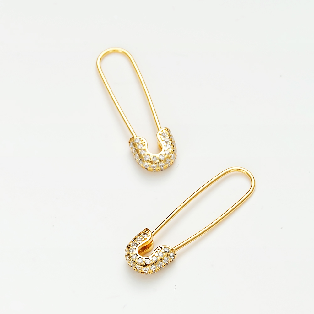 Sterling Silver Safety Pin Earrings with Zircon Stones