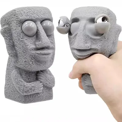 Stone Man Releases Stress Toy Slowly Rebounds Soft Moai Statue Squeeze Eyes Interested Expression Relaxes Stress