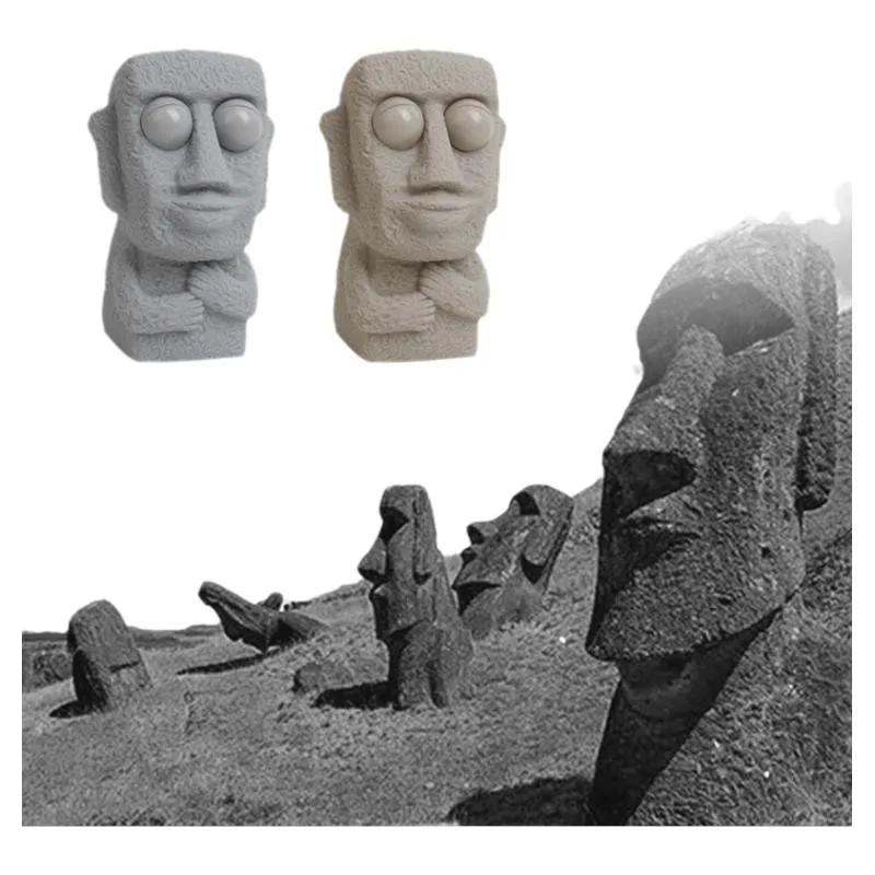 Stone Man Releases Stress Toy Slowly Rebounds Soft Moai Statue Squeeze Eyes Interested Expression Relaxes Stress