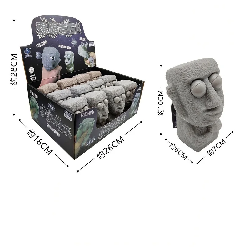 Stone Man Releases Stress Toy Slowly Rebounds Soft Moai Statue Squeeze Eyes Interested Expression Relaxes Stress