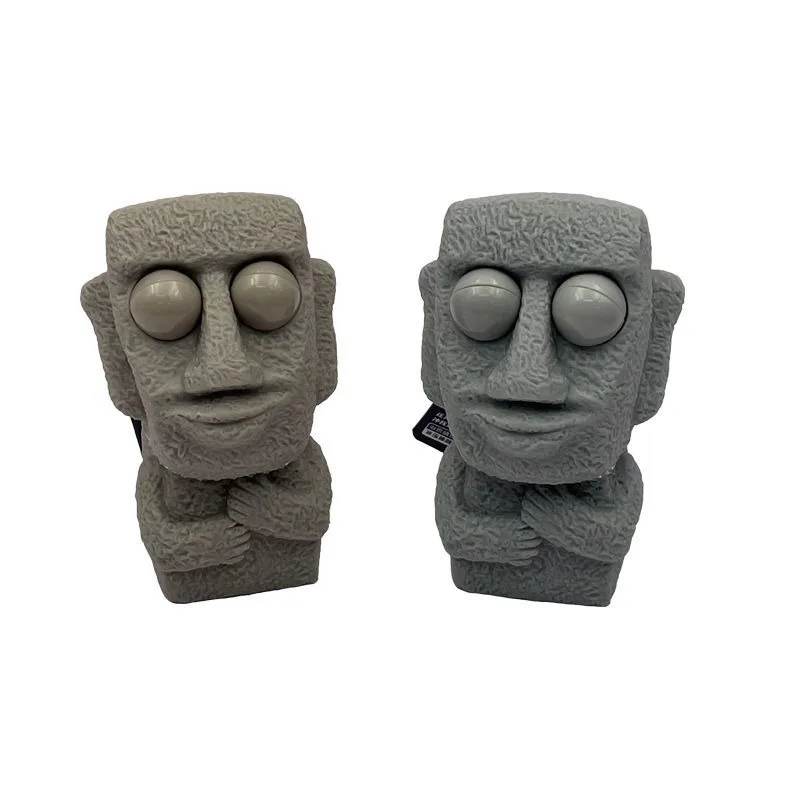 Stone Man Releases Stress Toy Slowly Rebounds Soft Moai Statue Squeeze Eyes Interested Expression Relaxes Stress