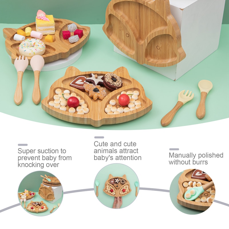 Suction Back Wooden Baby Plate with Spoon and Fork Suction Back Wooden Baby Plate with Spoon and Fork