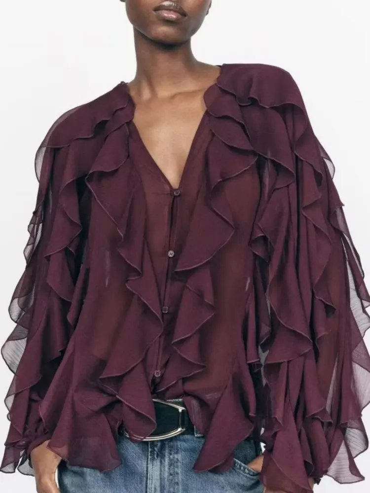 Summer Chic Women's Elegant Loose Long Sleeve Layered Shirts Office Lady Vintage V-neck Translucent Tierred Ruffles