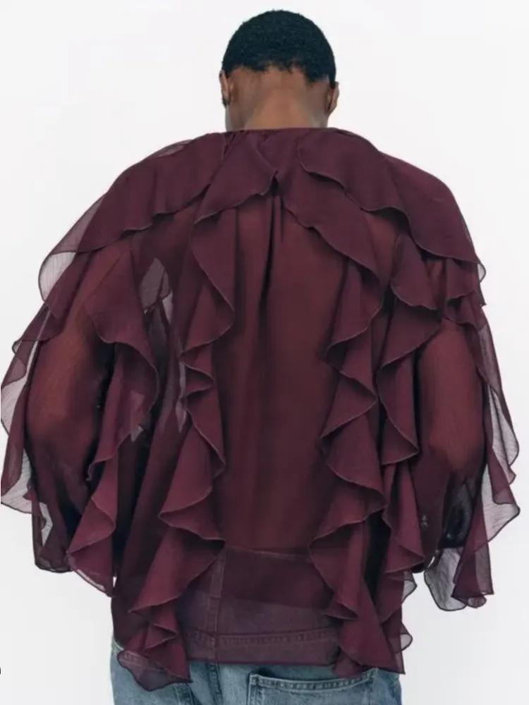 Summer Chic Women's Elegant Loose Long Sleeve Layered Shirts Office Lady Vintage V-neck Translucent Tierred Ruffles