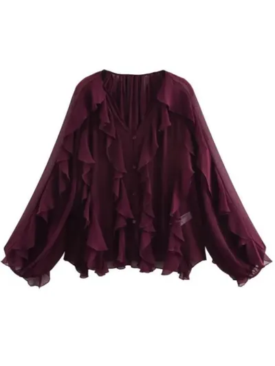 Summer Chic Women's Elegant Loose Long Sleeve Layered Shirts Office Lady Vintage V-neck Translucent Tierred Ruffles