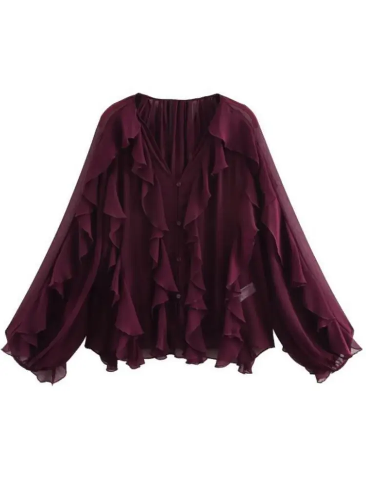 Summer Chic Women's Elegant Loose Long Sleeve Layered Shirts Office Lady Vintage V-neck Translucent Tierred Ruffles