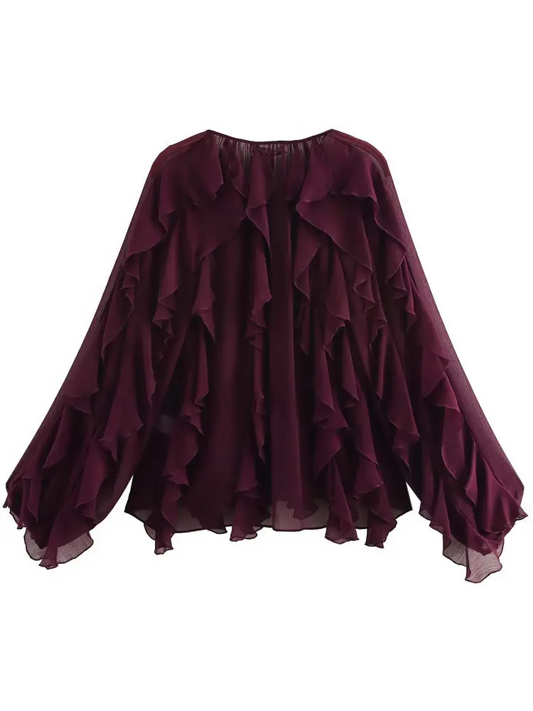 Summer Chic Women's Elegant Loose Long Sleeve Layered Shirts Office Lady Vintage V-neck Translucent Tierred Ruffles