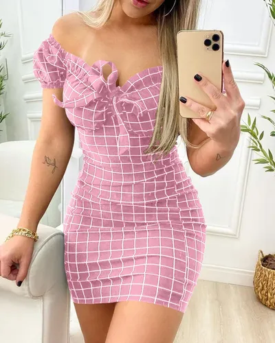 Summer Dress Sexy Short Skirt of Cross Border Grid Print Dress Summer Dress Sexy Short Skirt of Cross Border Grid Print Dress