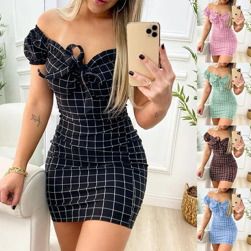 Summer Dress Sexy Short Skirt of Cross Border Grid Print Dress Summer Dress Sexy Short Skirt of Cross Border Grid Print Dress