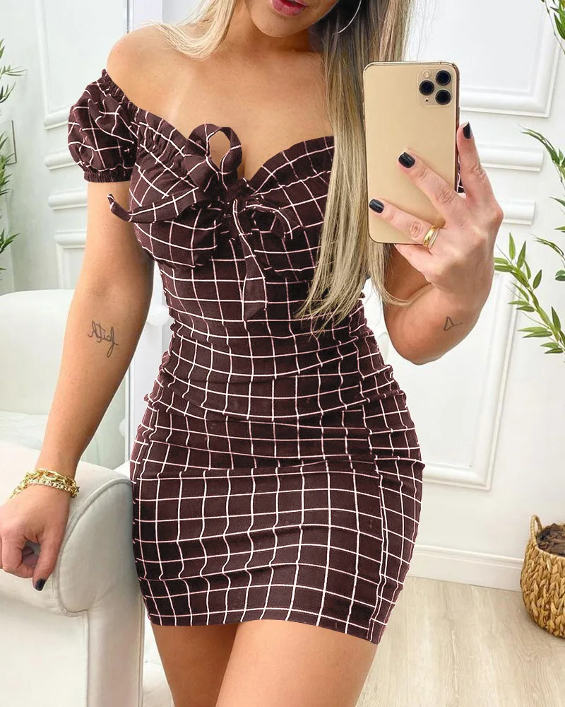 Summer Dress Sexy Short Skirt of Cross Border Grid Print Dress Summer Dress Sexy Short Skirt of Cross Border Grid Print Dress